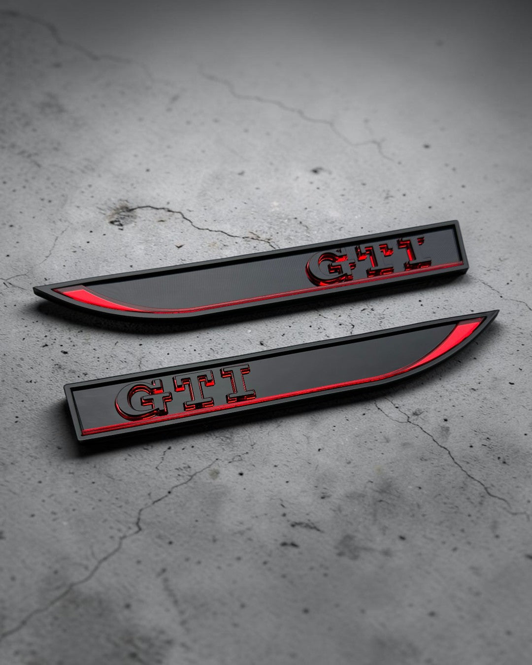 Gloss Black GTI Fender Badge Pair - 3D Side Emblems with Red Accent