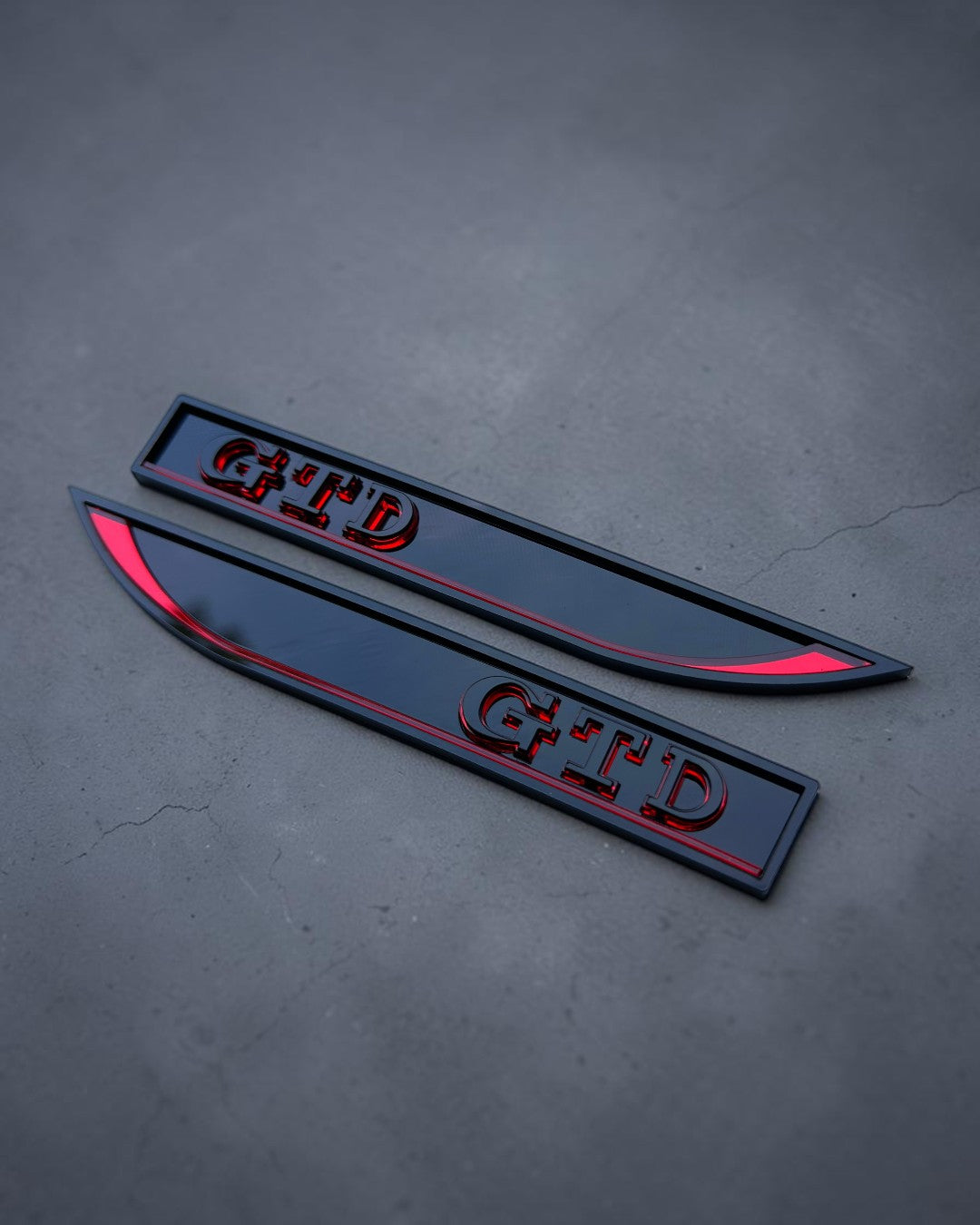 Gloss Black GTD Fender Badge Pair - 3D Side Emblems with Red Accent