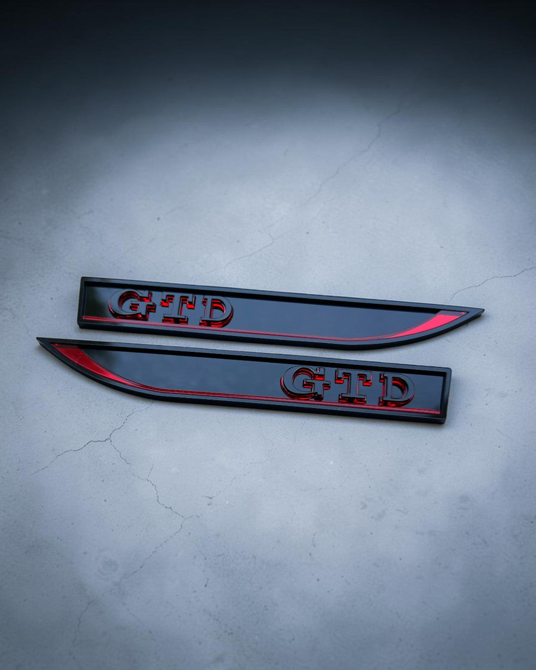 Gloss Black GTD Fender Badge Pair - 3D Side Emblems with Red Accent